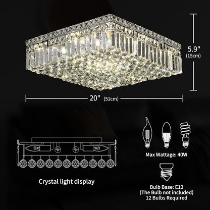 CEENLI 12-Lights Modern Flush Mount Ceiling Light Fixtures,Elegant Crystal Chandelier Pendant Ceiling Lamp for Bedroom,Living Room,Dining Room,Hallway H5.9 x W20 x L20 (Bulbs Not Included) Square