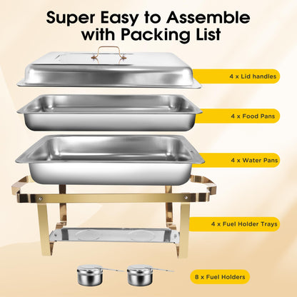 9.5 QT Chafing Dishes, 4 Pack High Premium Stainless Steel Complete Set,Heating and Cooling Chafing Dish, Rectangular Chafing Dish Buffet Set for Buffet, Party, Gatherings Banquet, Wedding