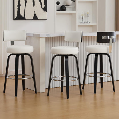 WOOW DEPOT Swivel Counter Height Bar Stools Set of 3, 29" Upholstered Faux Leather Barstools with Back, Mid Century Modern Counter Stools with Black Walnut Wood Legs for Kitchen Island, White