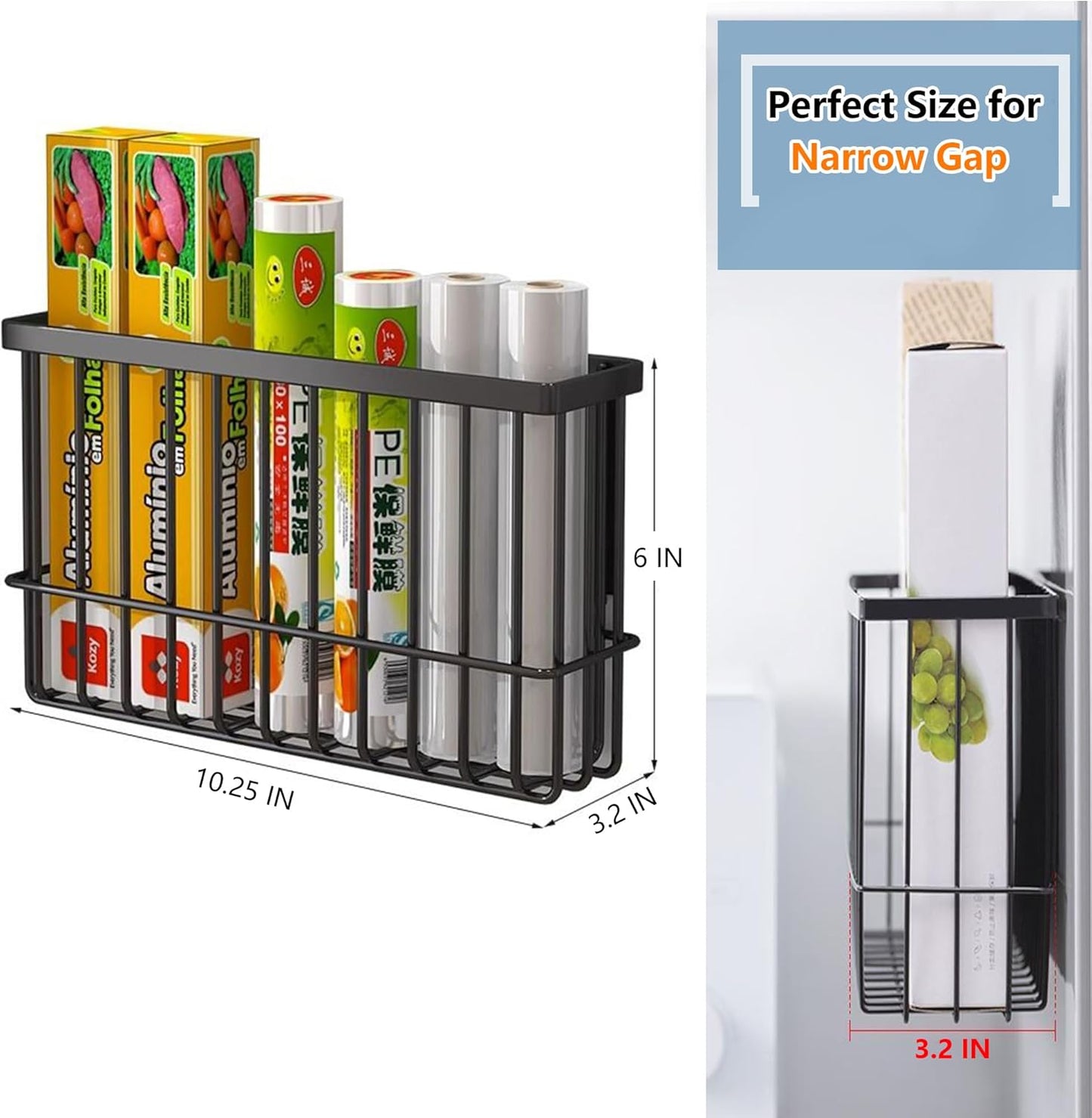 Heavy Duty Metal Magnetic Basket Organizer for Kitchen Refrigerator, Foil and Plastic Wrap Storage (10.25" L x 3.2" W x