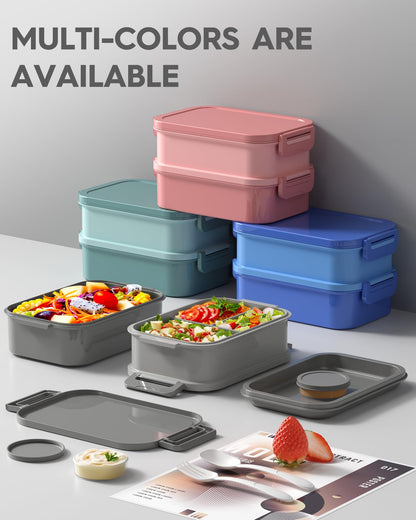 KEMETHY Adults Bento Lunch Box Set with Thermo Bag, 74oz Stackable Leak-proof 3-tiers Bento Box, Built-in Utensil and Sauce Container for Work, School, Dining Out (Gray)