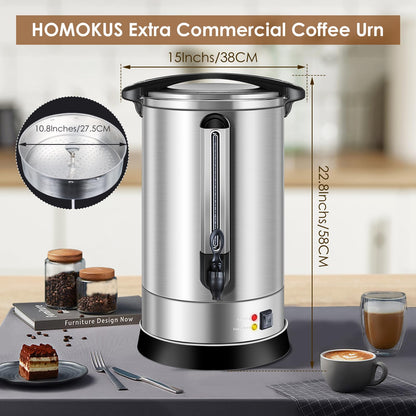 HOMOKUS Commercial Coffee Urn, 120 Cup Extra Large Hot Water Urn, 18L Silver Double Wall Stainless Steel Large Coffee Urns, 1500W Quick Brew Commercial Coffee Percolator Electric for Gatherings