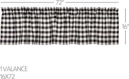 VHC Brands Annie Buffalo Check Cotton Farmhouse Kitchen Curtains - Rod Pocket 16x72 Valance, Black