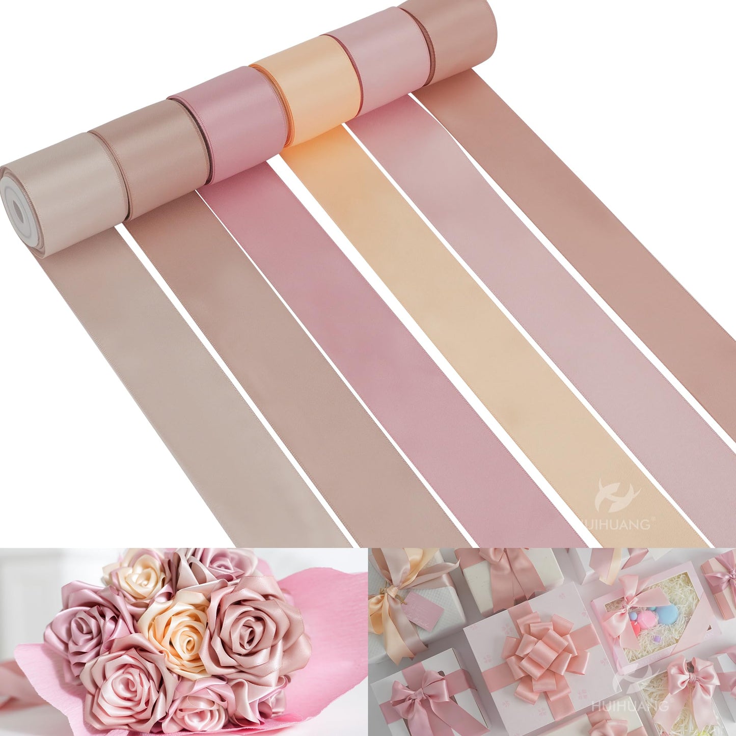 HUIHUANG Rose Pink Ribbon 1-1/2" Dusty Rose/Rose Gold/Rose Pink/Rosy Mauve/Vanilla/Peach Satin Ribbons for Wedding Flower Bouquet Bows Bridal Gift Wrap and Crafts- 6 Rolls, Total 30 Yards