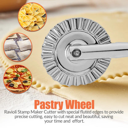 Ultimate Ravioli Maker Press & Dumpling Maker Kit - 10-Hole Ravioli Mold, Pasta Roller, Pastry Wheel & Pierogi Press - Stainless Steel Empanada Maker Machine & Pasta Making Tools for Kitchen (Round)