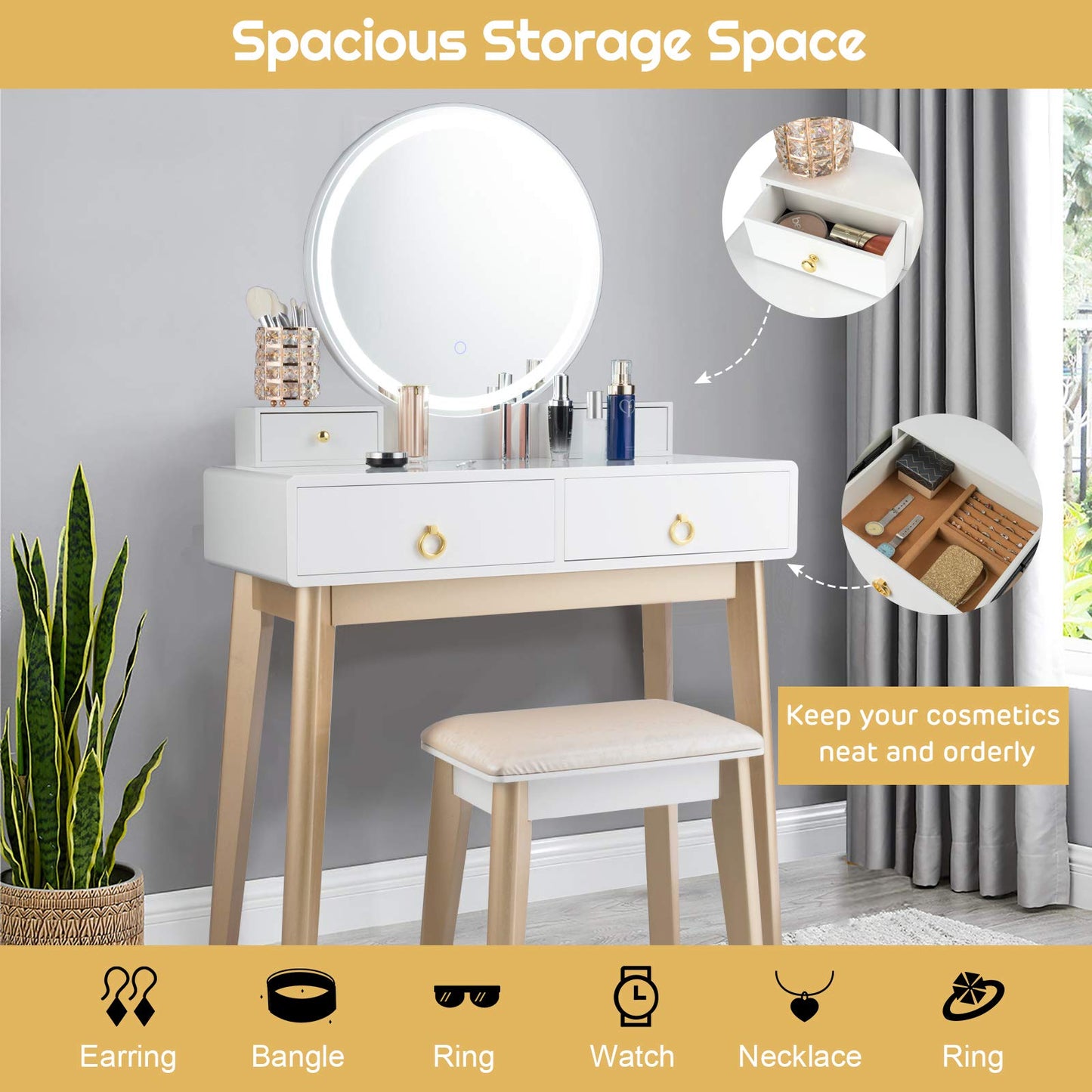 FANTASK Vanity Table Set, LED Lighted Makeup Table w/ 3 Color Round Lighting Mirror Touch Screen 4 Drawers, Makeup Dressing Table w/Cushioned Stool for Bedroom (White)