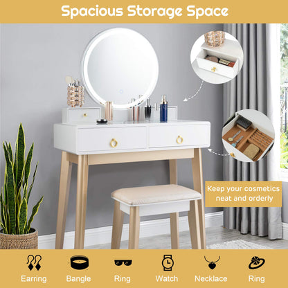 FANTASK Vanity Table Set, LED Lighted Makeup Table w/ 3 Color Round Lighting Mirror Touch Screen 4 Drawers, Makeup Dressing Table w/Cushioned Stool for Bedroom (White)