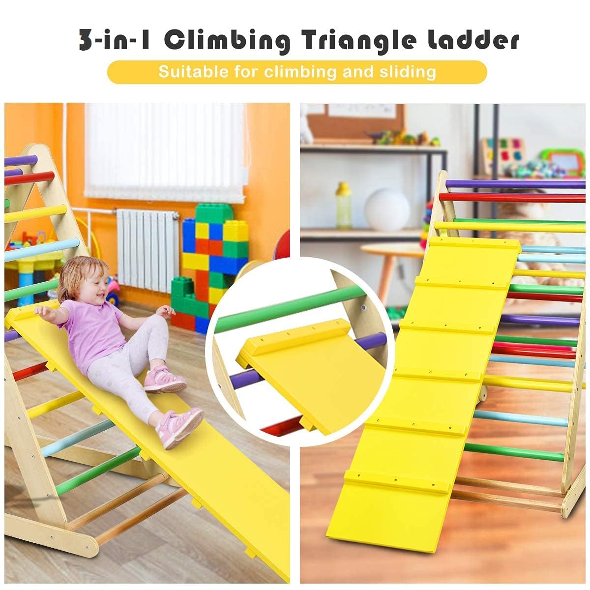 Costzon Foldable Climbing Toys for Toddlers, 3 in 1 Montessori Wooden Triangle Climber for Sliding & Climbing, Kids Indoor Climbers & Gym Play Structures for Boys Girls Gift Present
