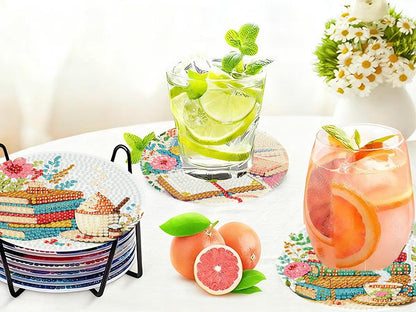 8 PCS Diamond Art Coasters Kits Book Diamond Painting Coaster Kits Diamond Coasters with Holder Cork Pads Gem Art Dots Paintings Crafts Supplies for Adults Beginners