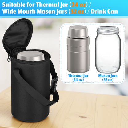 Easecos Food Jar Carrier Bag Insulated Lunch Bag Compatible with Thermos 24 Oz Insulated Jar, Wide Mouth Mason Jars Holder Pouch with Adjustable Shoulder Strap for Office Commute, Picnic, Camping