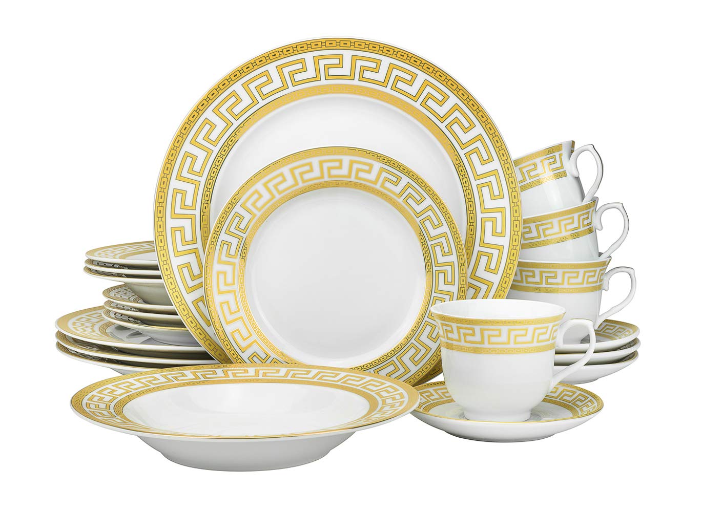 Euro Porcelain Vintage Gold 40 piece Dinnerware Dish Serving Set 'Greek Key Gold' - HQ Fine China Tableware Service for 8