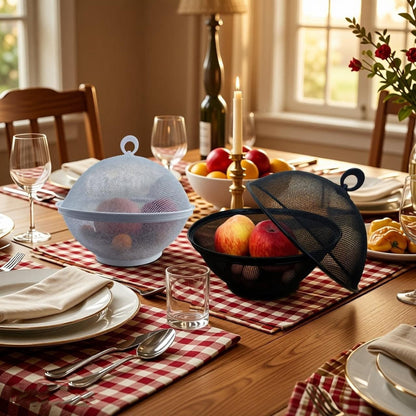 YELKPX Metal Mesh Fruit Bowl with Lid (Set of 2) - Fruit Fly Proof Kitchen Counter Storage Basket for Fruits, Vegetables, Bread - Black White Green Gray Options (Black & White)