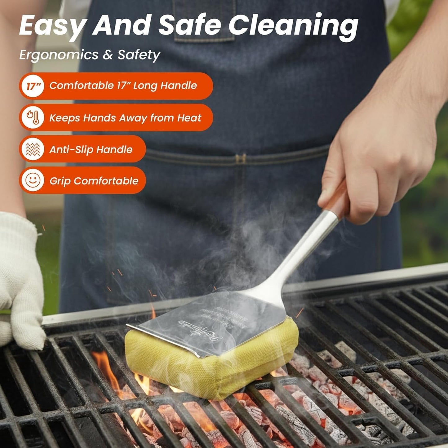 Grill Brush for Outdoor Grill, Bristle Free Grill Brush with Scraper, Safe Steam Grill Cleaner for BBQ &Griddle, Long Rosewood Handle Reaches Corners, for Porcelain, Cast Iron & Stainless Steel Grates