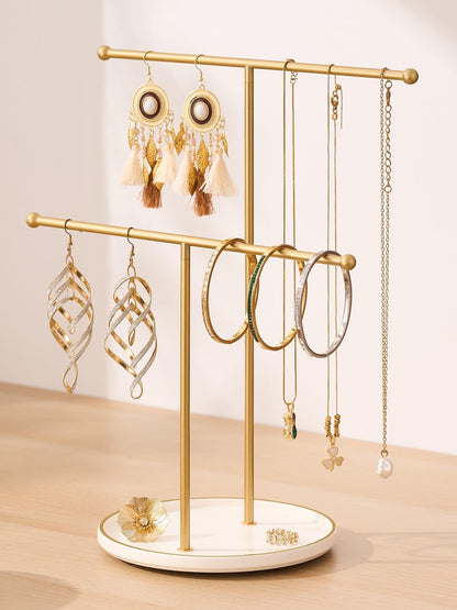 Josmimic Gold Jewelry Holder Stand with Ceramic Tray: Small Hanging Necklace Organizer Tree for Earrings, Bracelets, Rings – Jewelry Display Hanger for Women & Girls, White