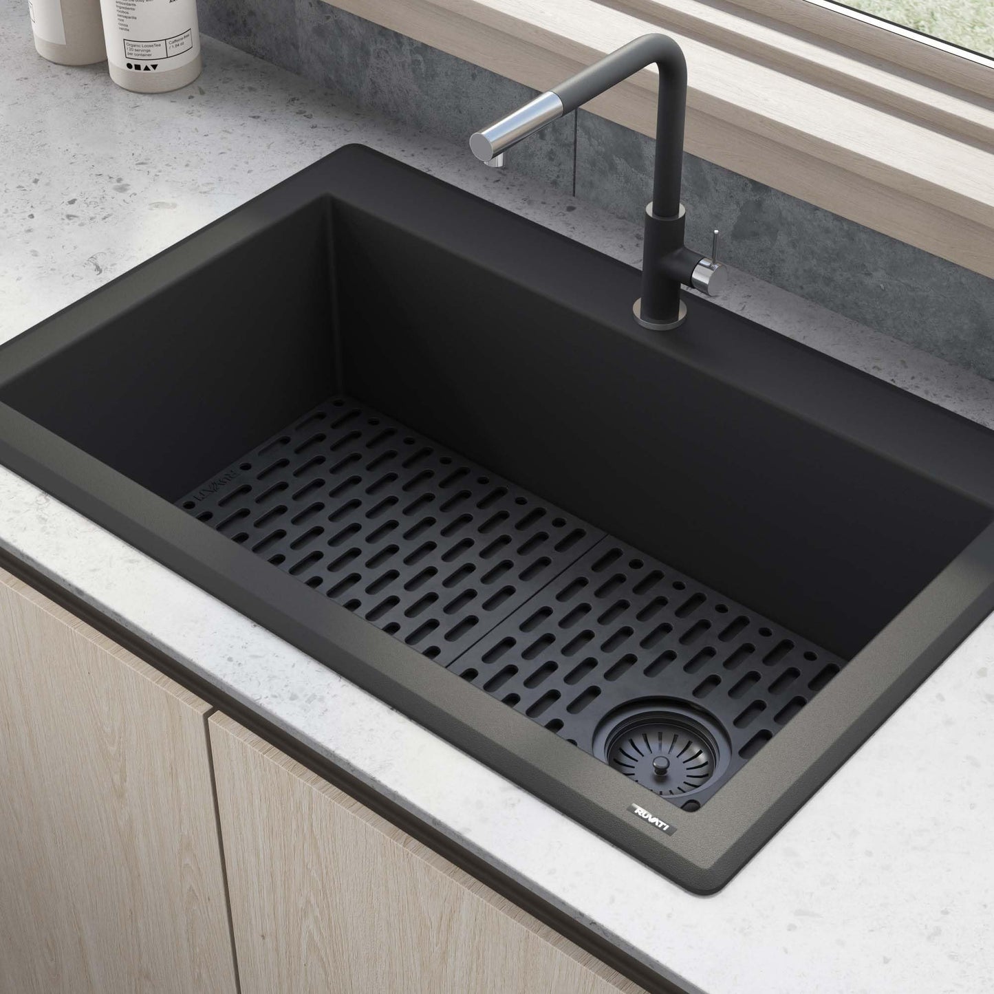 Ruvati Midnight Black Granite Composite 33 in. x 22 in. Single Bowl Drop-in Topmount Kitchen Sink RVG1033BK