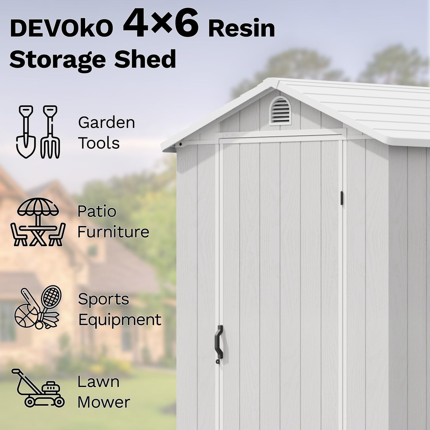 Devoko 4×6 FT Resin Storage Sheds with Floor, Plastic Outdoor Garden Shed with Windows and Lockable Doors, Waterproof Outside Tool Sheds for Patio Backyard Lawn, Light Gray