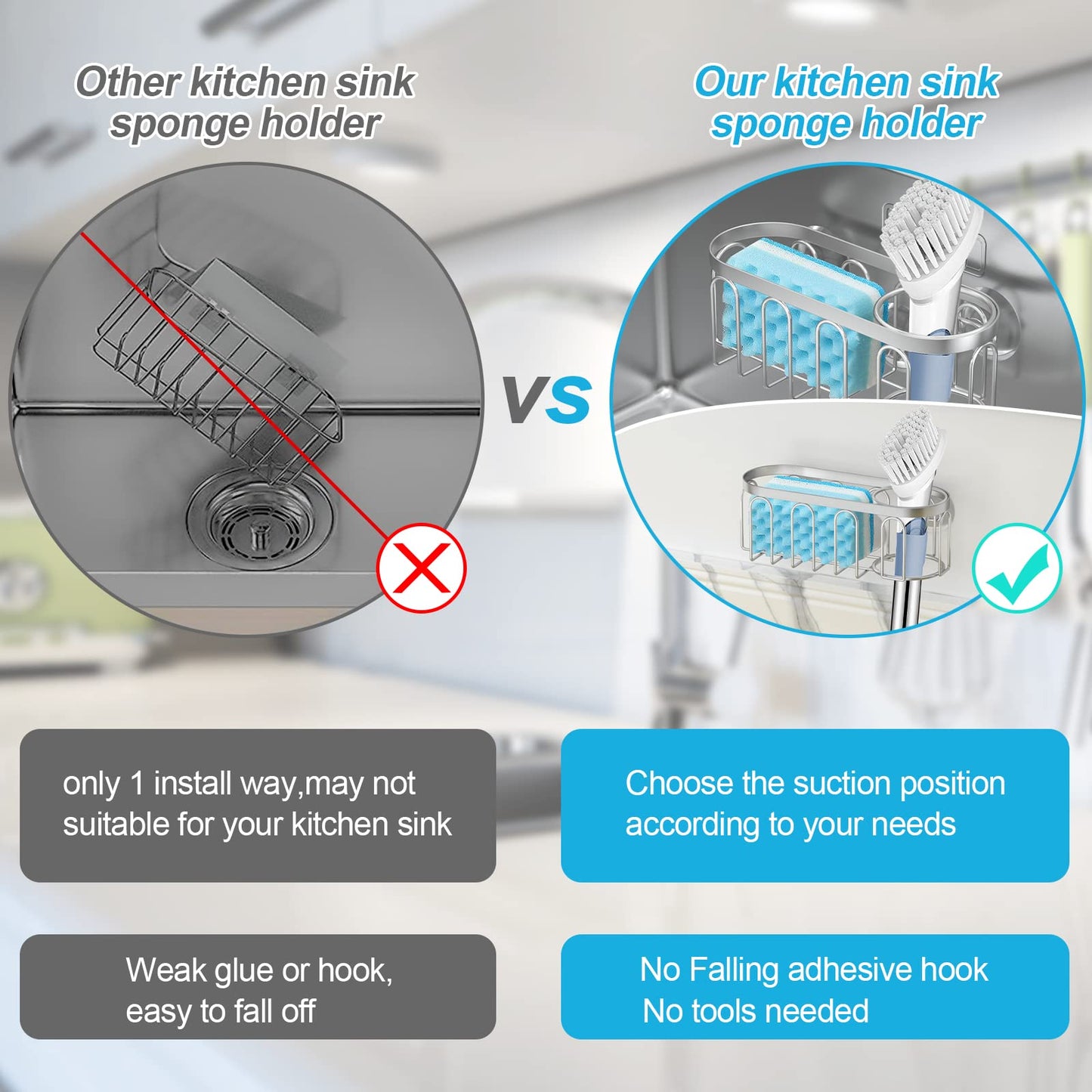 Yazoni 2-in-1 Sponge Holder for Kitchen Sink, Sink Caddy Kitchen Sink Organizer with 3 Suction Cups, No Drill Rustproof Sink Sponge Holder for Dish Brush, Soap & Sponge (Silver)