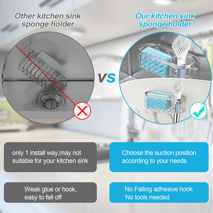 Yazoni 2-in-1 Sponge Holder for Kitchen Sink, Sink Caddy Kitchen Sink Organizer with 3 Suction Cups, No Drill Rustproof Sink Sponge Holder for Dish Brush, Soap & Sponge (Silver)