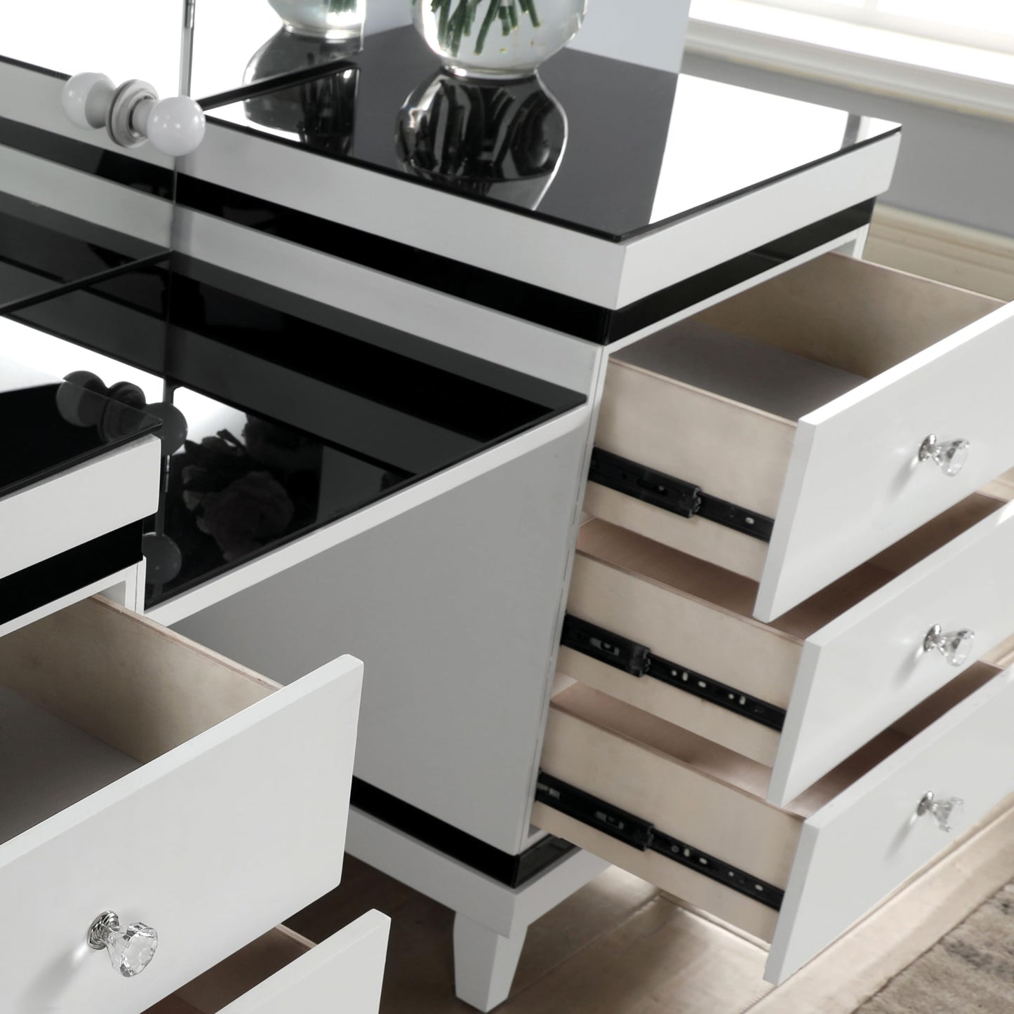 Furniture of America Oleah Solid Wood 3-Piece Vanity Set with Black Padded Stool and Light Bulbs Mirror, Felt-Lined Top Drawer for Bedroom, Guest Room, White