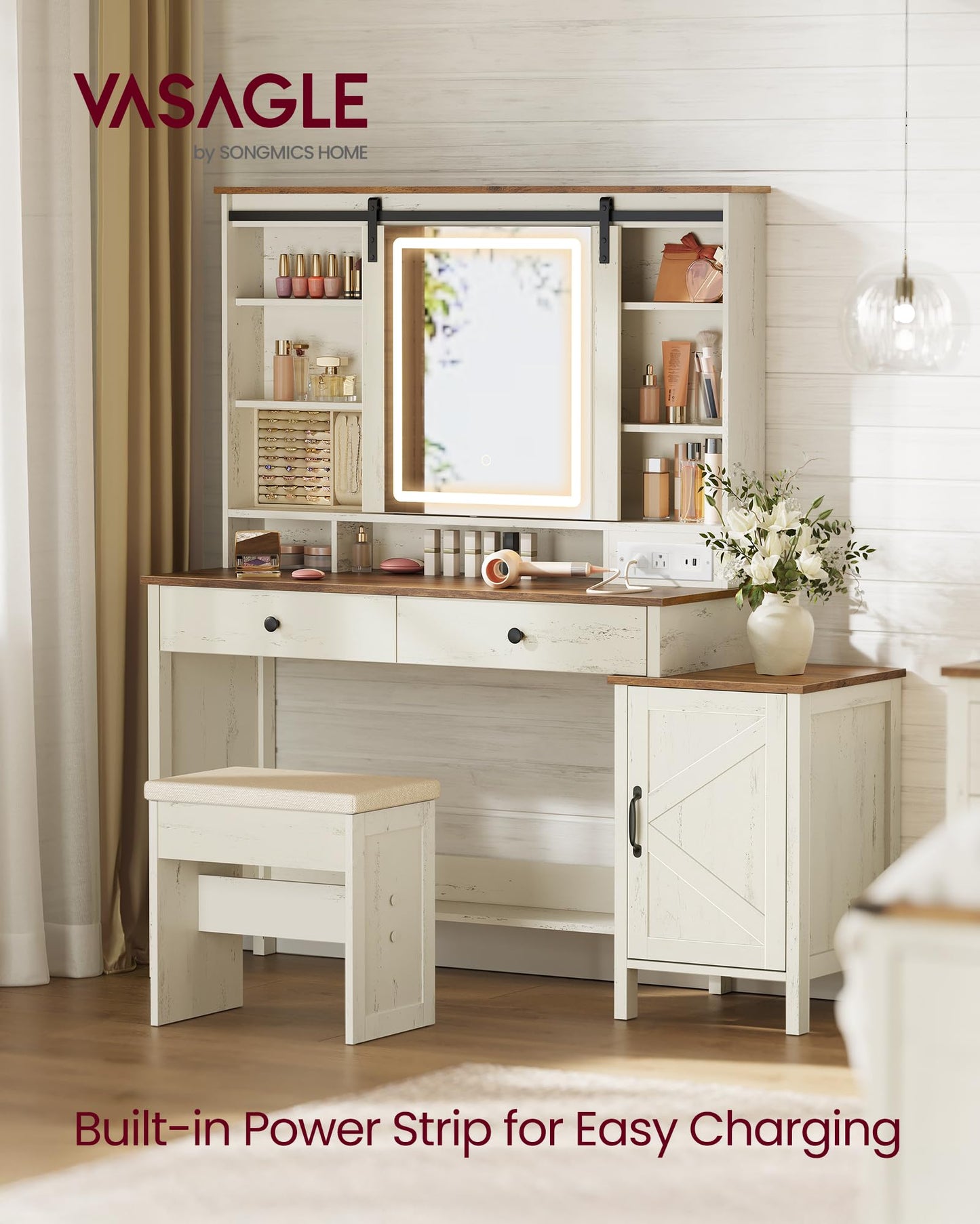 VASAGLE LIRY Collection - Vanity Desk with Mirror and Lights, Farmhouse Makeup Vanity with Stool, Charging Station, 2 Drawers, Jewelry Storage, for Bedroom, Rustic White and Honey Brown URDT135W01S