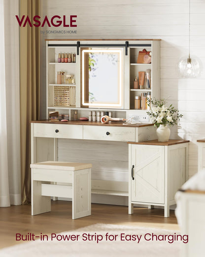 VASAGLE LIRY Collection - Vanity Desk with Mirror and Lights, Farmhouse Makeup Vanity with Stool, Charging Station, 2 Drawers, Jewelry Storage, for Bedroom, Rustic White and Honey Brown URDT135W01S