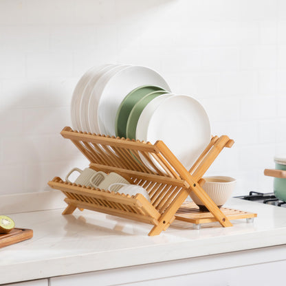 Oyydecor Bamboo Dish Drying Rack with Utensil Holder, 3 Tier Collapsible Dish Rack for Kitchen Counter, Large Folding Drying Holder, Dish Drainer, Kitchen Organizers and Storage