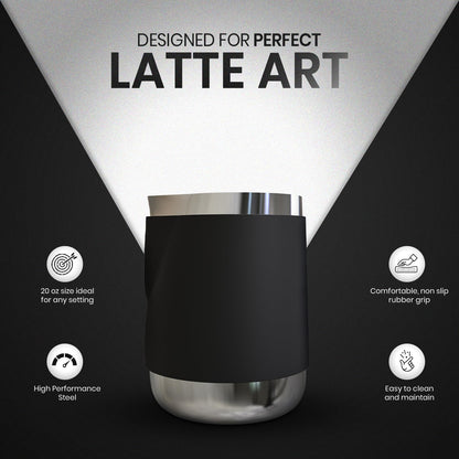 Rattleware 20 Oz Handle Free Latte Art Pitcher Stainless Steel with Rubber Grip Durable Heat Resistant Milk Frothing Pitcher for Baristas Home Cafes and Coffee Shops