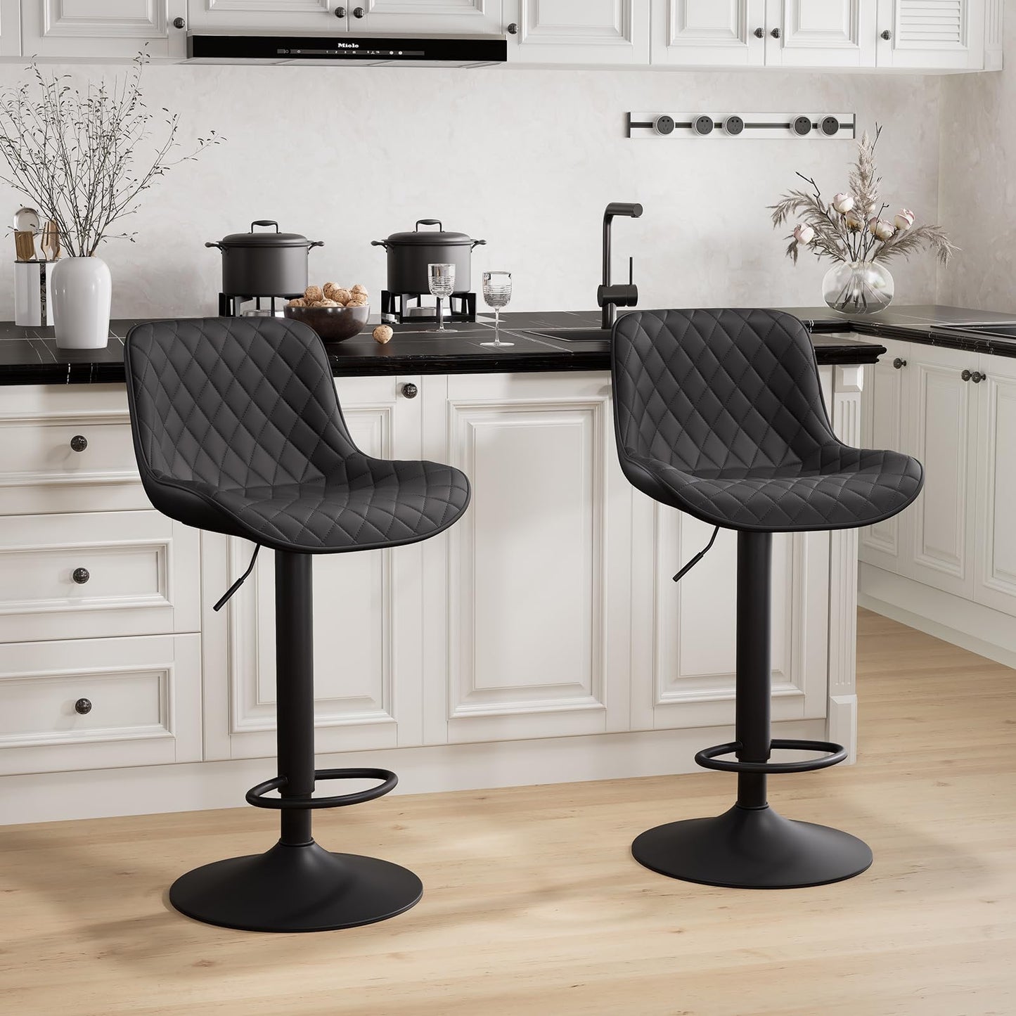YOUTASTE Black Bar Stools Counter Height Bar Stool Set of 2 Adjustable Swivel Faux Leather Barstools with Padded Back Diamond Metal Bar Chairs for Home Kitchen Island