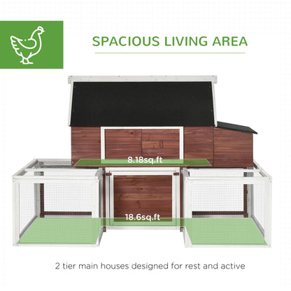 PawHut 114" Chicken Coop Wooden, Customizable Outdoor Chicken Cage Poultry Hen House with Nesting Box, Double Runs, Asphalt Roof, Ramp, for Garden Backyard