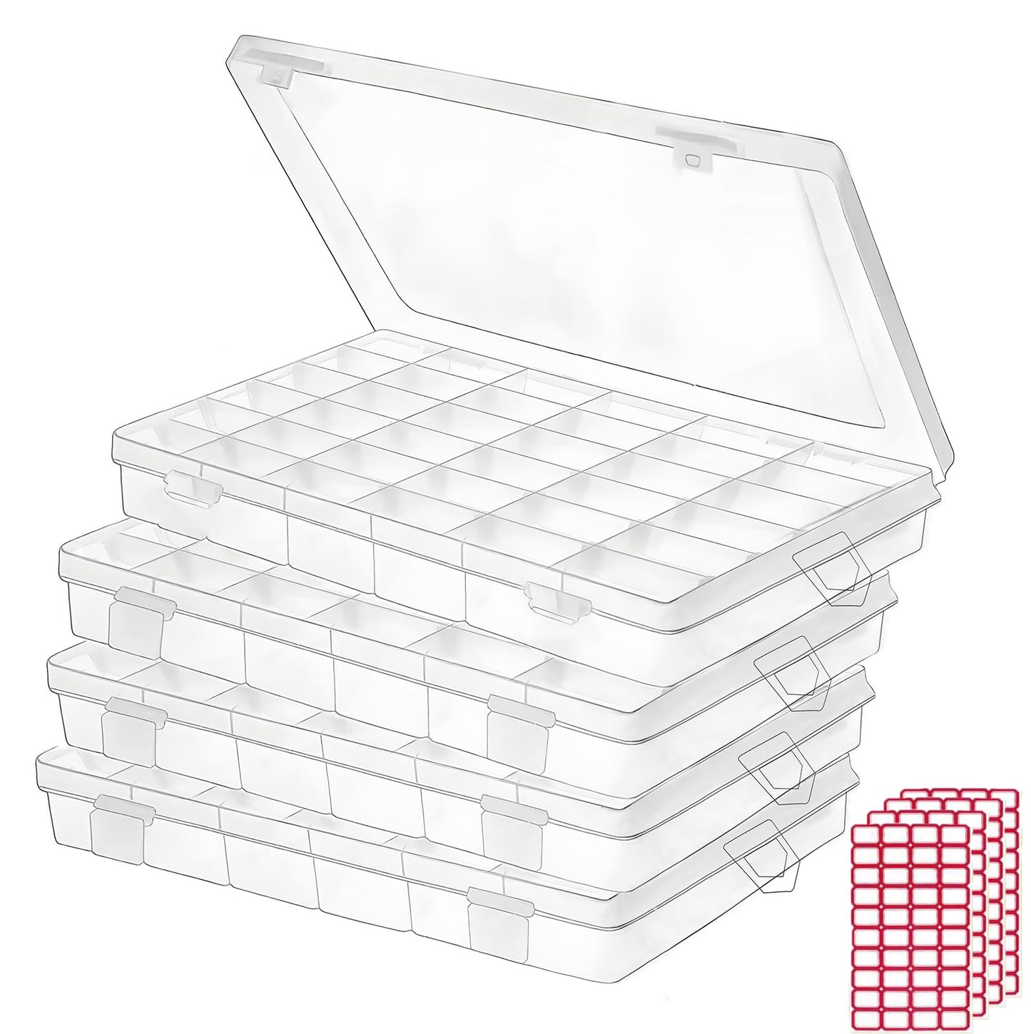 Budreu 4pack 36 Grids Plastic Clear Organizer Box Bead Storage Containers with Adjustable Dividers for Craft Jewelry Fishing Tackles Parts Storage with 4 Sheets Label Stickers