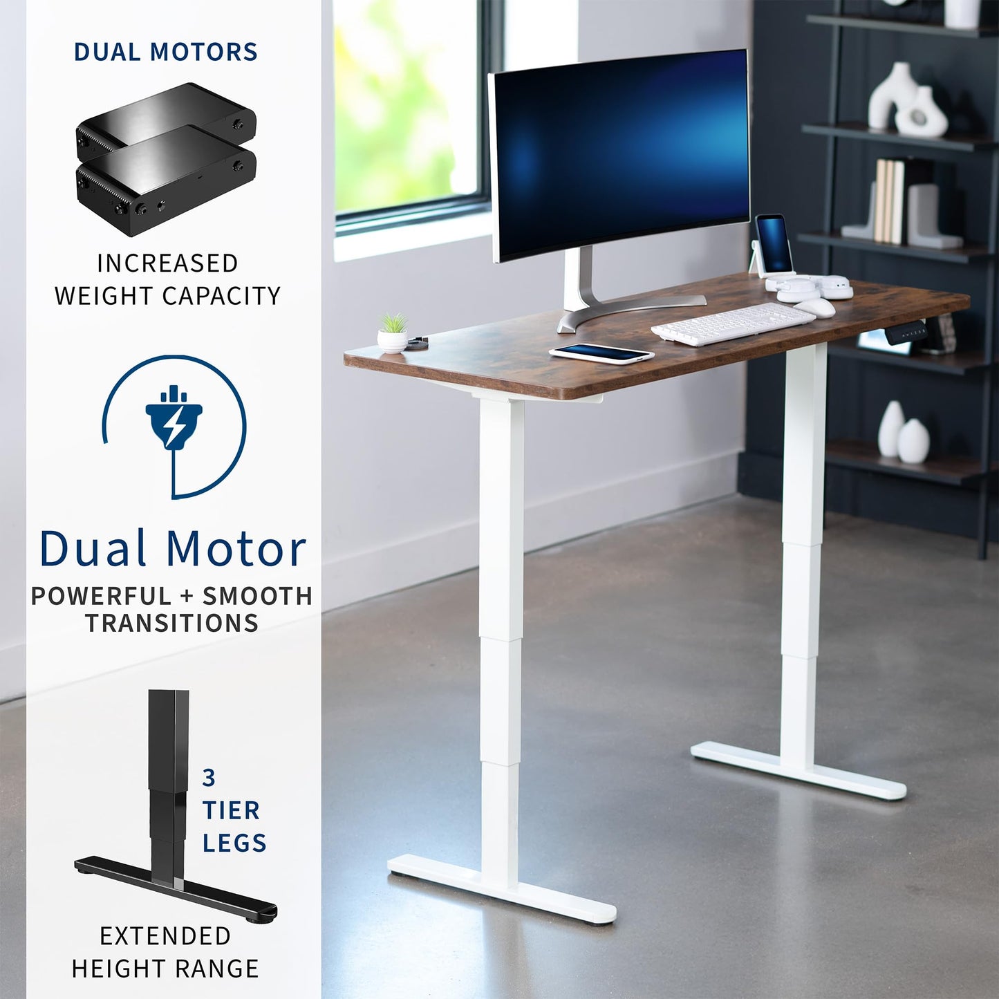 VIVO Electric 60 x 24 in Dual Motor Sit Stand Desk, Memory Height Adjustment, 2B Series, Rustic Vintage Brown Top White Frame, DESK-KIT-2W6N