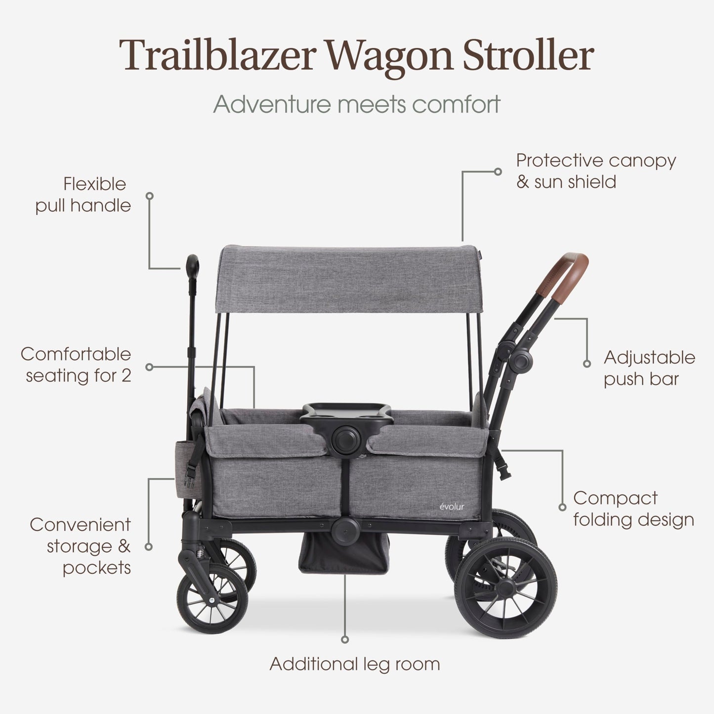 Evolur Trailblazer Wagon Double Stroller in Grey, Foldable Infant and Toddler Stroller Wagon, 5-Point Harness, Removable Canopy, All-Terrain Wheels, Spacious Storage for 2 Kids