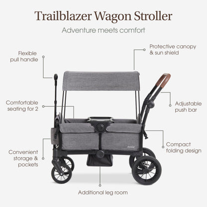 Evolur Trailblazer Wagon Double Stroller in Grey, Foldable Infant and Toddler Stroller Wagon, 5-Point Harness, Removable Canopy, All-Terrain Wheels, Spacious Storage for 2 Kids