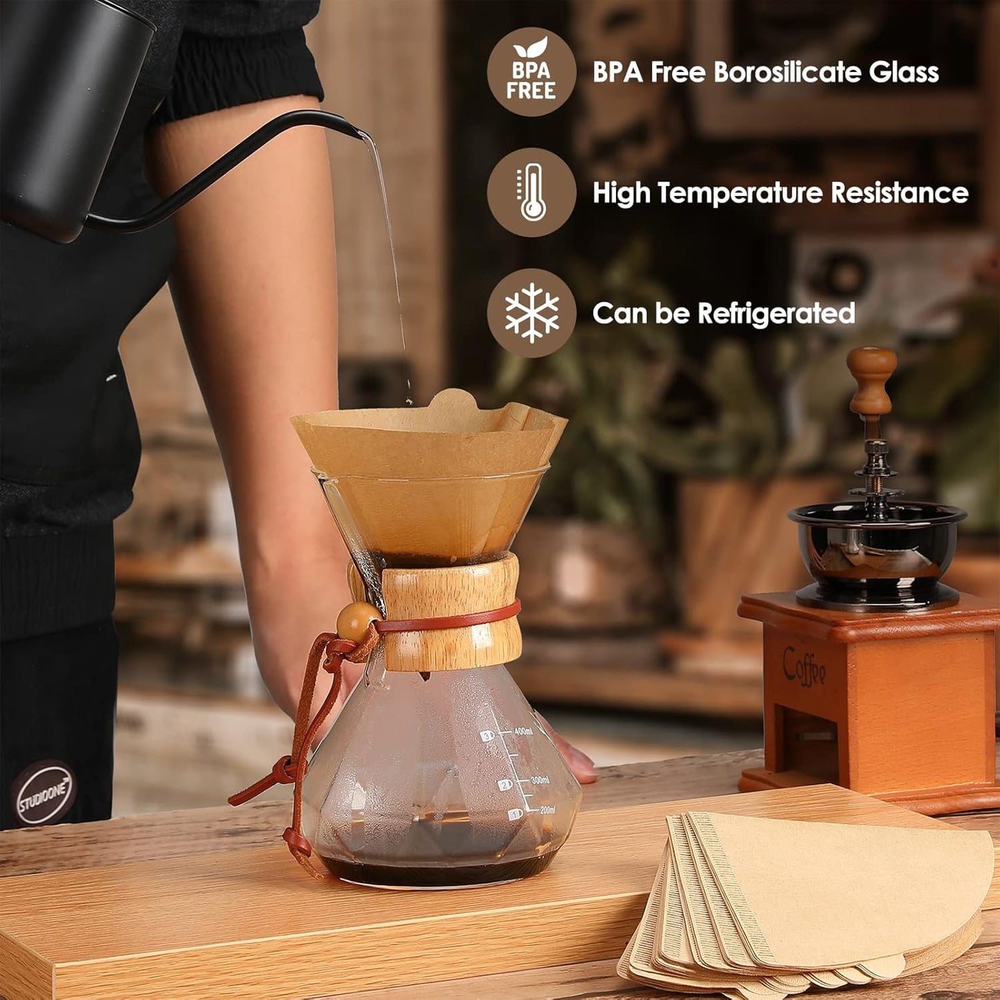 Puricon Pour Over Coffee Maker with Paper Filter, 40 Sheets, 15oz Coffee Dripper Set, Borosilicate Glass Coffee Carafe