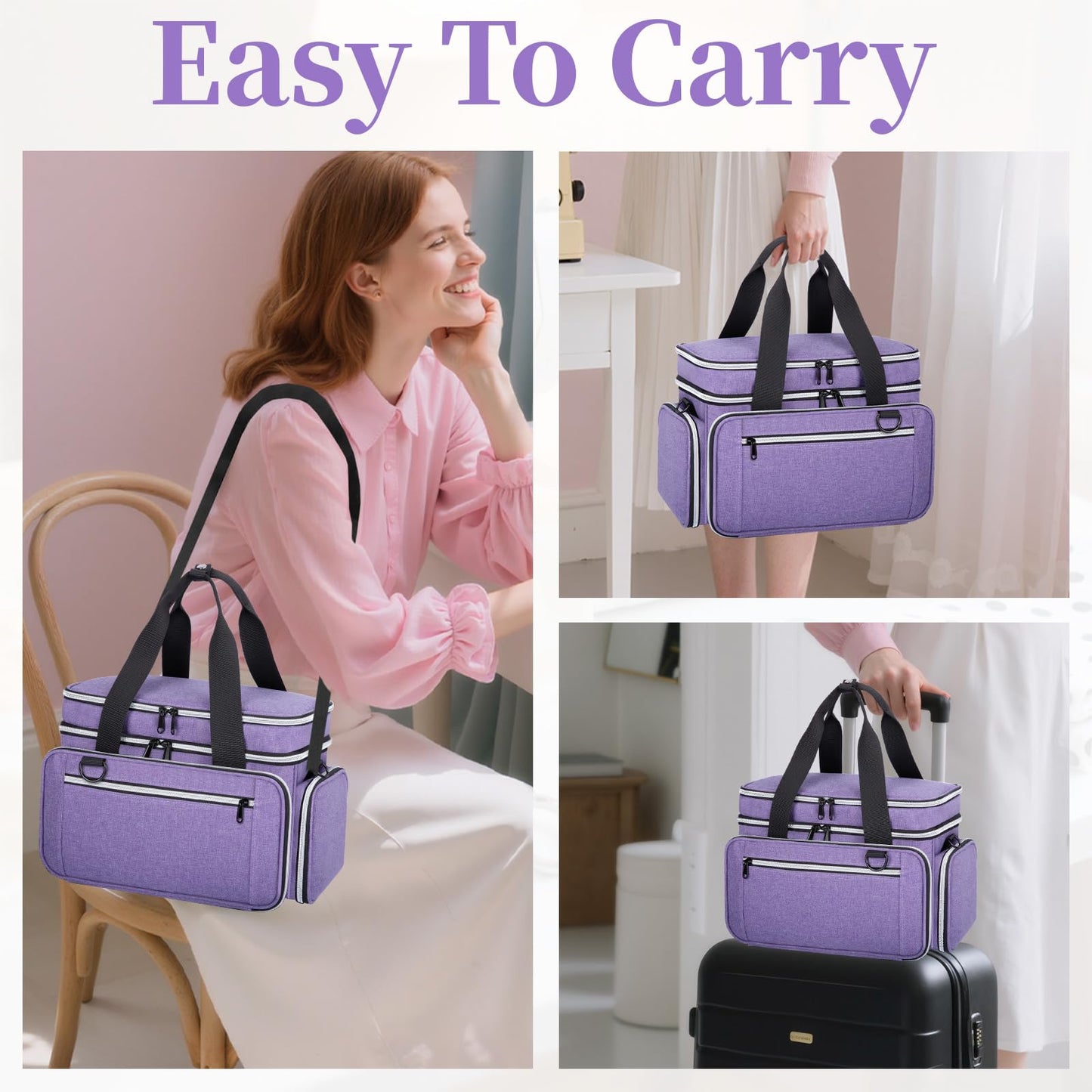 Anitor Large Sewing Supplies Organizer, Double Layer Sewing Storage Organizer with Two Detachable Dividers, Travel Sewing Bag Organizer with Shoulder Strap for Accessories, Purple, (Bag Only)