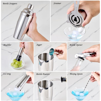 Cocktail Shaker Set Bartender Kit - 11 Pcs Bar Tool Set with Bamboo Stand & All Bar Accessories: Martini Shaker, Strainer,Jigger, Muddler, Mixer Spoon Barware Kit, for Bar, Home Lounge & Party