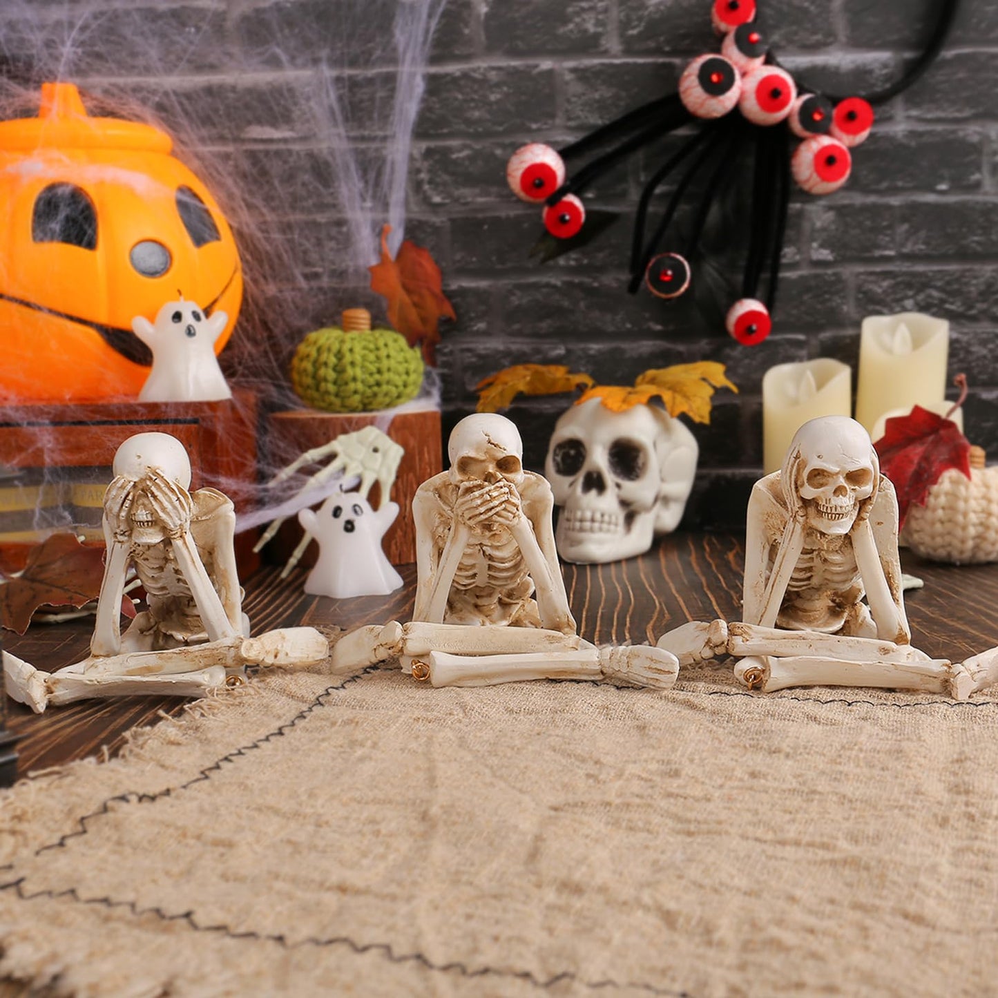 Arcticbird Set of 3 Halloween Skeleton Statues, See Speak Hear No Evil Halloween Skeleton Decorations, for Graveyard, Haunted House, Hallo-ween Decorations for Indoor and Outdoor