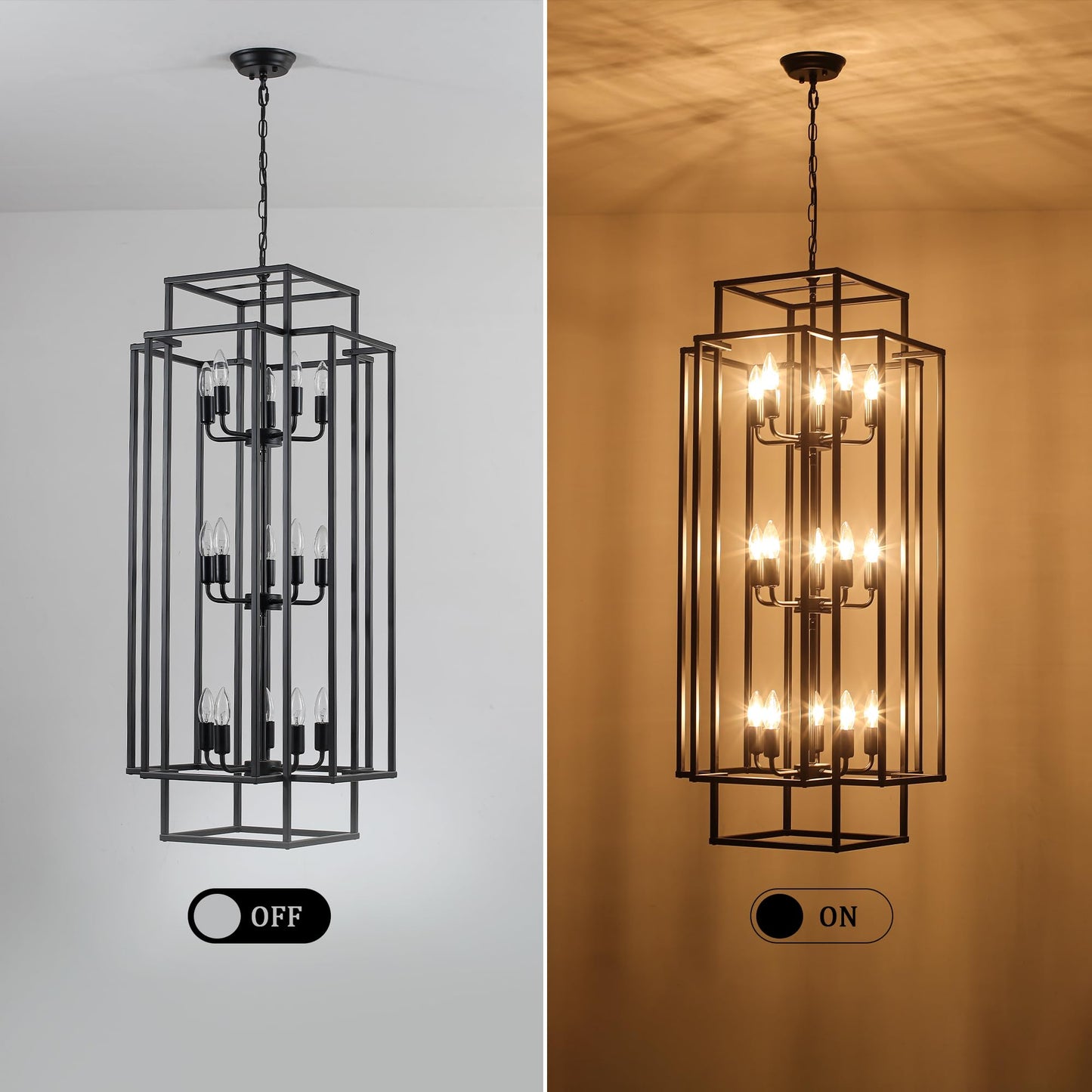 Xuridongsheng 15-Light Lantern Chandelier for Foyer Large Black High Ceiling Chandelier with 3-Tier Candle Design, Modern Farmhouse Entryway Lighting Fixture for Staircase, Two Story Living Room, E12