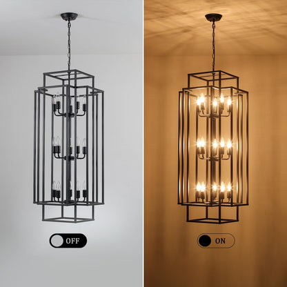 Xuridongsheng 15-Light Lantern Chandelier for Foyer Large Black High Ceiling Chandelier with 3-Tier Candle Design, Modern Farmhouse Entryway Lighting Fixture for Staircase, Two Story Living Room, E12