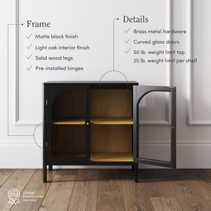 Nathan James Mason Storage Cabinet, Free Standing Accent Sideboard Buffet, Credenza with Glass Doors and Adjustable Shelf in Black Oak Wood for Dining Room, Entryway and Living Room, Clear Glass/Black