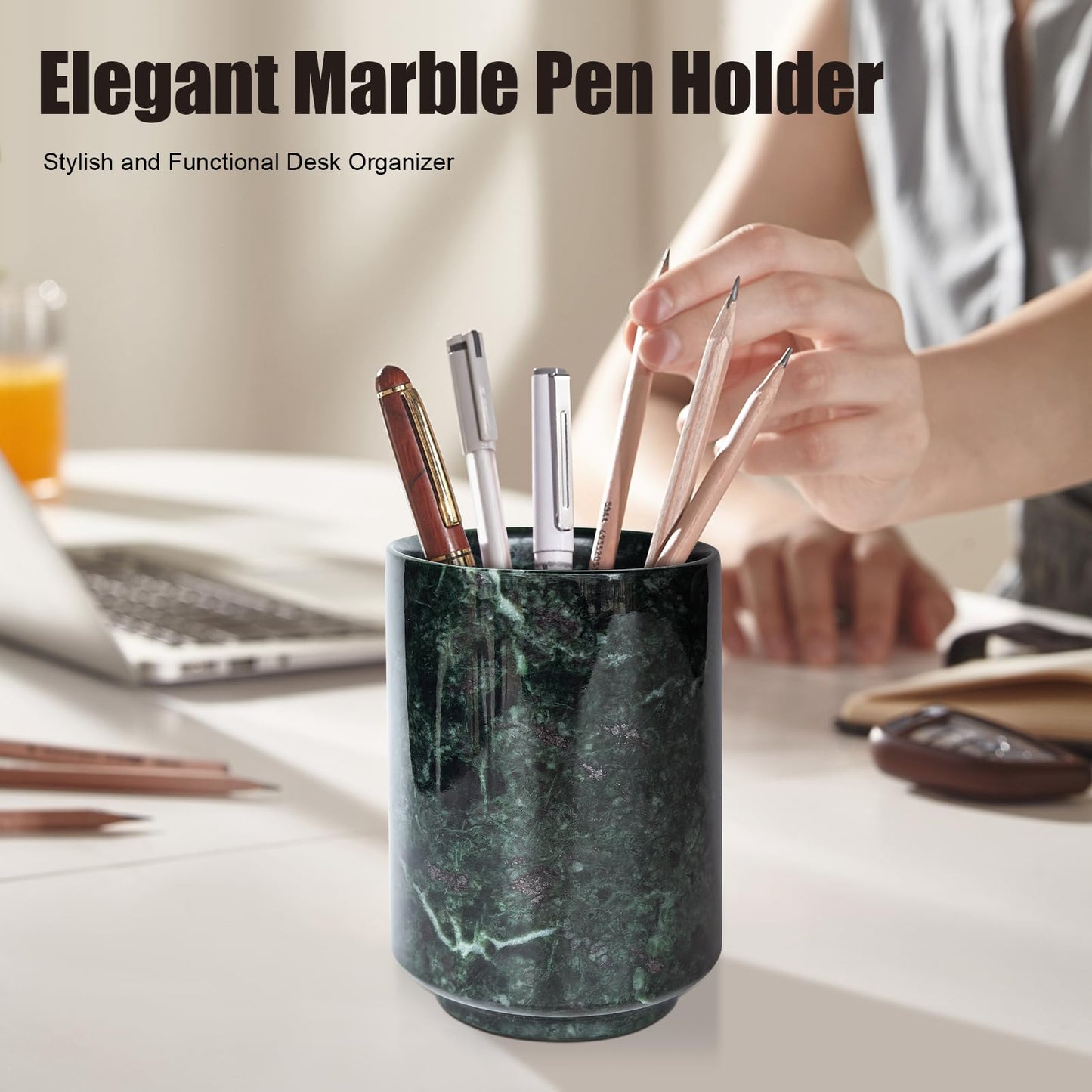 Genaetyg Handcrafted Green Marble Tumbler Cup | Multi-Use Organizer for Pens, Makeup Brushes, Toothbrush | Home Office Bathroom Vanity Decor, 4 Inches