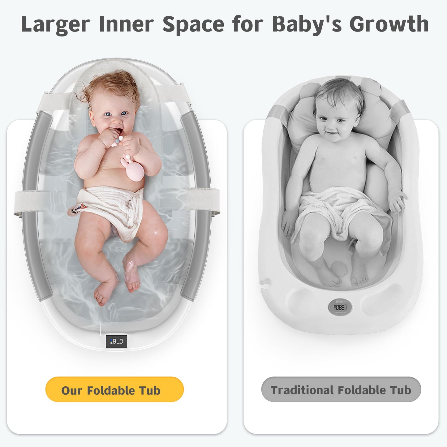 Himold Collapsible Baby Bathtub for Newborn to Toddler 0-36 Months, Spacious Foldable Infant Bath Tub with Thermometer, Cushion & Drain Hole, Portable Travel Tub Grey
