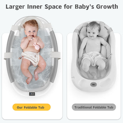 Himold Collapsible Baby Bathtub for Newborn to Toddler 0-36 Months, Spacious Foldable Infant Bath Tub with Thermometer, Cushion & Drain Hole, Portable Travel Tub Grey