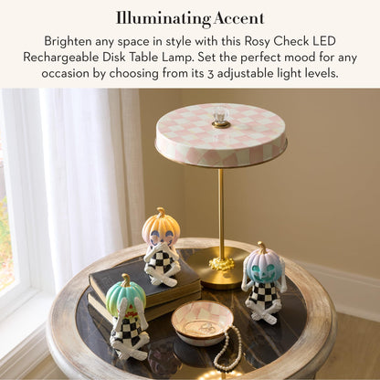 MACKENZIE-CHILDS LED Rechargeable Disk Table Lamp, Cordless Touch Lamp, Pink-and-White Rosy Check