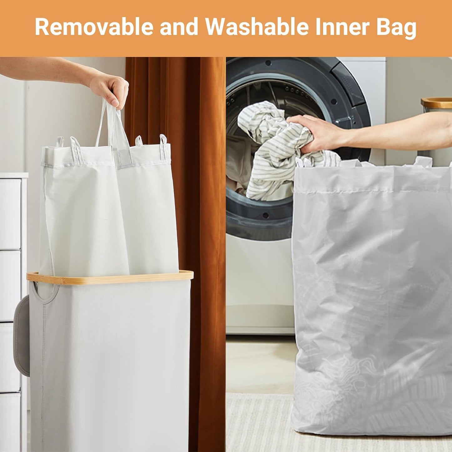 Fiona's magic Slim Laundry Hamper with Lid - 63L Narrow Laundry Basket with Removable Bag, Grey Collapsible