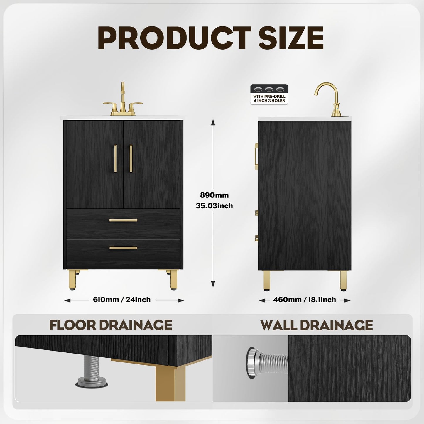 phiestina Fully Pre-Assembled Black 24 inch Bathroom Vanity with Sink, 2 Soft Close Doors and 2 Drawers Bathroom Storage Cabinet Set, with 3 Holes Single Ceramic Sink Combo, Faucet Not Included