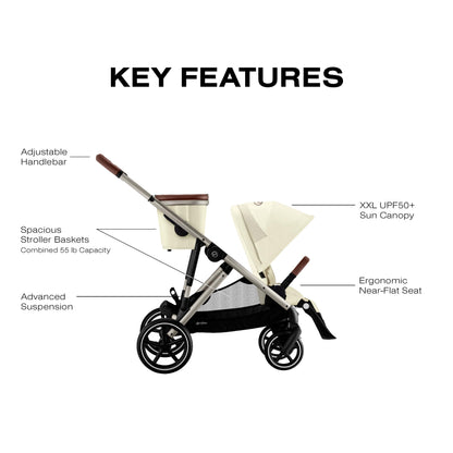 Cybex Gazelle S Stroller Modular Double for Infant and Toddler Includes Detachable Shopping Basket Over 20+ Configurations Folds Flat Easy Storage, Seashell Beige, 1.0 Count, 28.4 pounds
