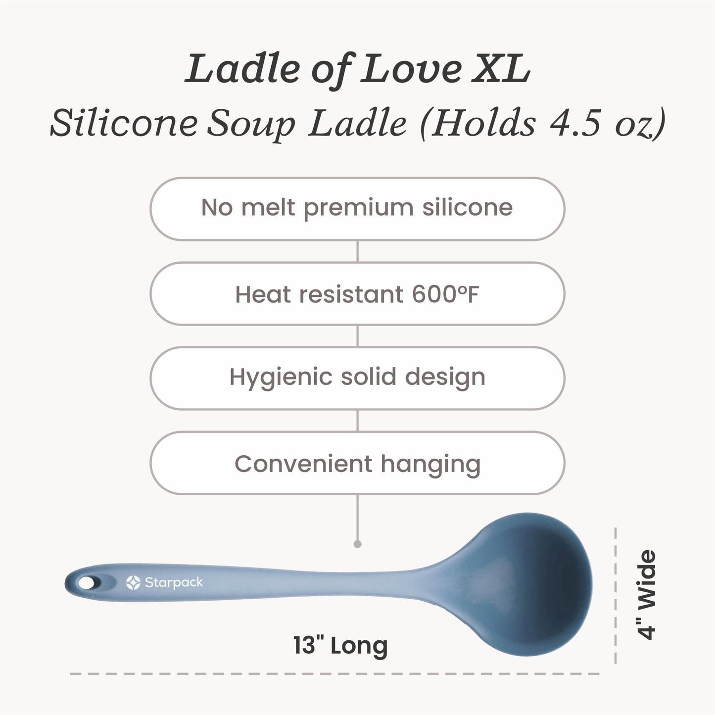 Starpack 'Ladle of Love' XL Premium Silicone Ladle - High Heat Resistant to 600F, Non Stick, LFGB Grade