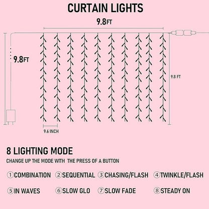 Dazzle Bright 300 LED Curtain String Lights - Waterproof Fairy Lights with 8 Modes | Pink for Bedroom & Party Decor