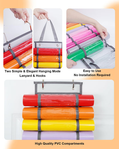 UCEC 12 Compartment Vinyl Roll Storage Organizer, Clear PVC, Hanging Wall Mount for Cricut Vinyl, Gift Wrap, Craft Paper